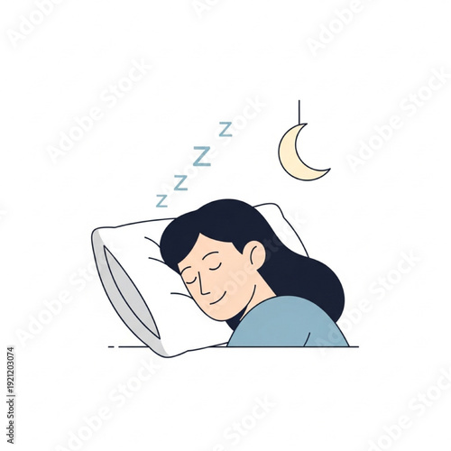 Person Peacefully Sleeping on Pillow with Z’s and Crescent Moon Minimal Flat Vector Illustration
