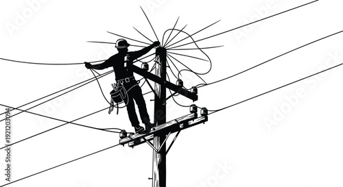 Utility worker on wooden pole performing electrical maintenance, safety helmet and harness, organizing power lines with insulators and crossarms, infrastructure vector illustration, energy industry