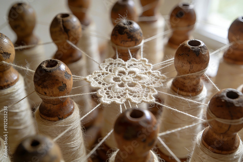 Intricate lace doily being woven on vintage wooden bobbins in a workshop