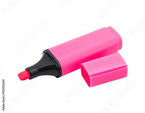 Pink highlighter pen with its cap isolated on white background.