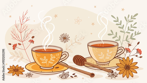 Cozy tea cups with steam honey dipper and flowers on saucers warm beverage concept