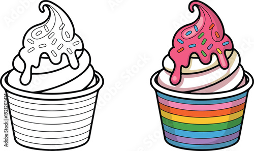 A digital illustration of two soft-serve ice cream desserts in side-by-side views.