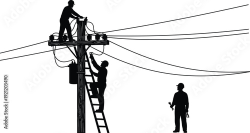 Utility workers repairing electrical power lines, silhouette vector illustration of infrastructure maintenance, teamwork on utility pole with transformer, safety equipment
