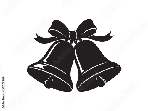 Two Christmas bells tied together with decorative black ribbon bow