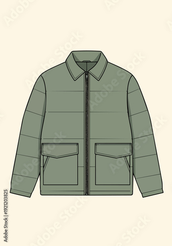Vector technical sketch padded puffer jacket with collar and front pockets