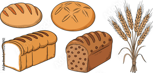 A hand-drawn illustration of various bread items and wheat on a white background.