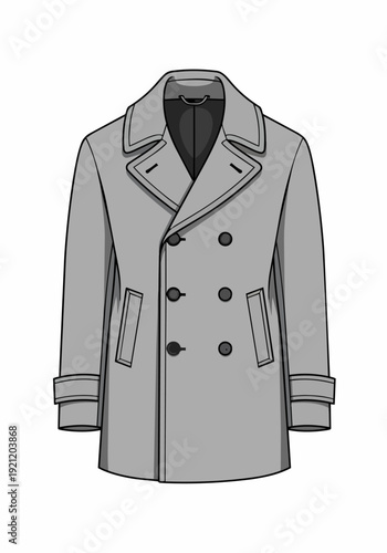 Detailed fashion illustration of a classic men's double-breasted overcoat