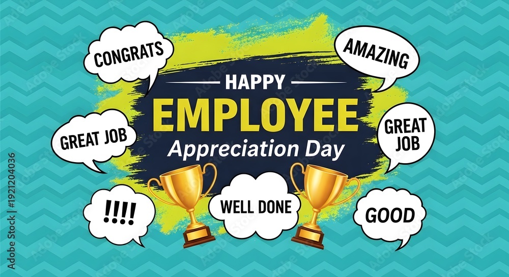 Obraz premium Happy employee appreciation day celebration with congratulatory speech bubbles and trophies on a blue background