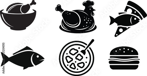 Food icons including pizza fish burger kettle bowl and tea