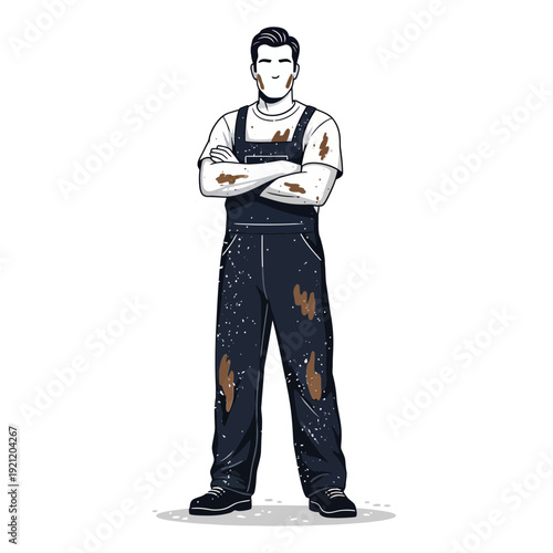 Dirty worker in overalls, arms crossed, white background