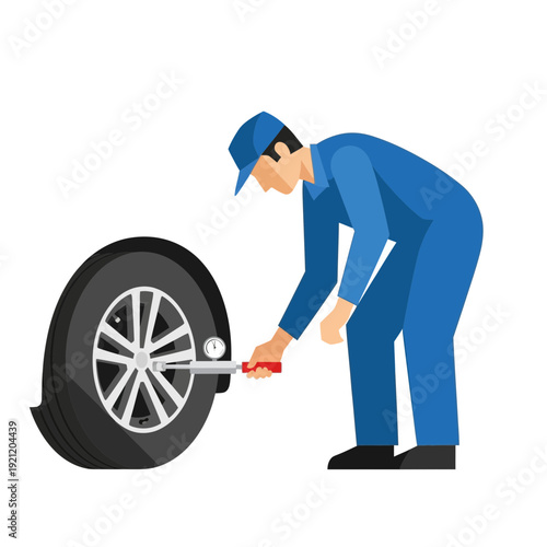 Mechanic inflating car tire with pressure gauge