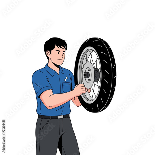Mechanic installing a motorcycle wheel with tire
