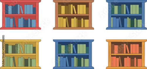 A flat, minimalist illustration of six colorful bookshelves arranged in a 2x3 grid against a white background.
