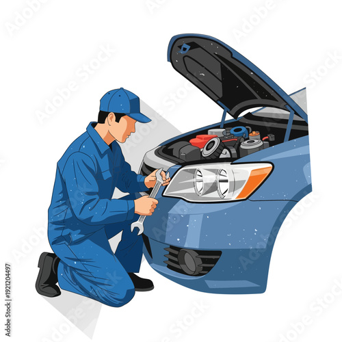 Mechanic repairing car engine with wrench, auto repair service concept