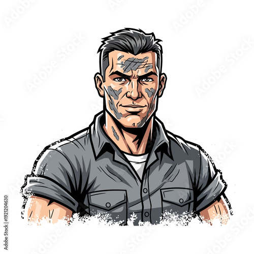 Rugged Man with Mud Smears on Face, Comic Style