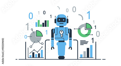 An advanced artificial intelligence robot processes complex data analytics and digital information, symbolizing modern technology and automation.