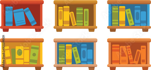 A flat, minimalist illustration of six colorful bookshelves arranged in a 2x3 grid against a white background.