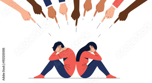 Sad couple facing public judgment and bullying, with many diverse hands pointing at them in accusation and shame.