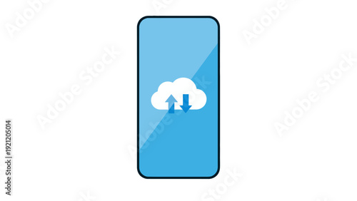 mobile phone screen with cloud icon and data upload download arrows representing online storage synchronization and digital services.