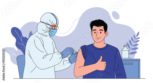 Man giving a thumbs-up while a healthcare worker in full PPE administers a covid-19 vaccine shot for immunization.