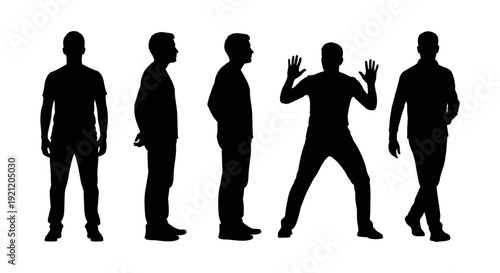 male silhouettes in diverse standing walking and gesturing poses isolated on white representing human figures for creative design.