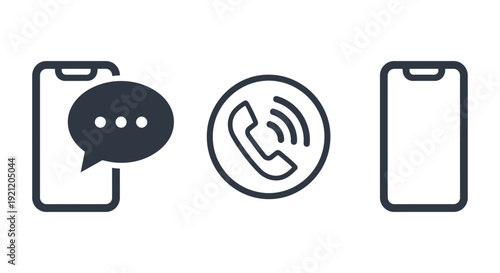mobile communication icons set featuring chat message and phone call symbols on white perfect for digital connection and modern ui ux design