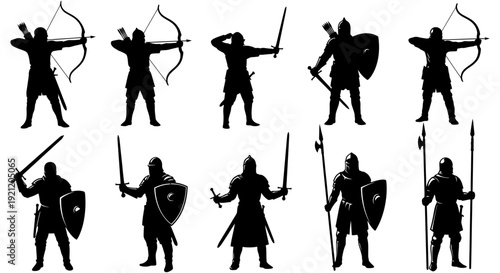 medieval warrior silhouettes portraying archers swordsmen and spearmen in dynamic combat poses ideal for historical and military themed designs.