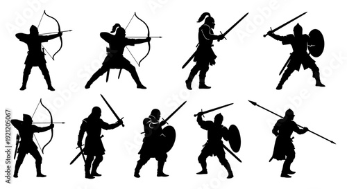medieval warrior silhouettes in dynamic combat poses with various weaponry for historical fantasy and ancient warfare projects.