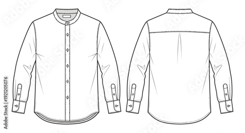 mens band collar shirt technical drawing detailed fashion flat front and back views ideal for apparel design and clothing production.