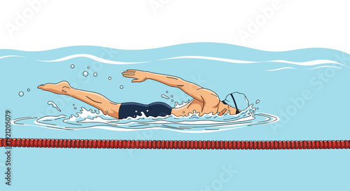 Male athlete swimming the freestyle crawl stroke in a pool lane during a competition or training session for a race.