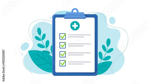 medical checklist on clipboard green checkmarks medical cross representing patient care wellness and health management efficiency concepts.