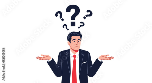 Confused businessman shrugging his shoulders with question marks above his head, indicating uncertainty and a lack of solutions.
