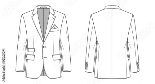 mens formal blazer technical flat drawing featuring detailed front and back views ideal for fashion design and apparel development.