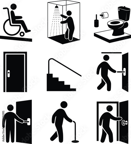 Accessible bathroom and mobility assistance icons collection, wheelchair ramp, shower, toilet, stairs and door handle symbols for universal design vector illustration set