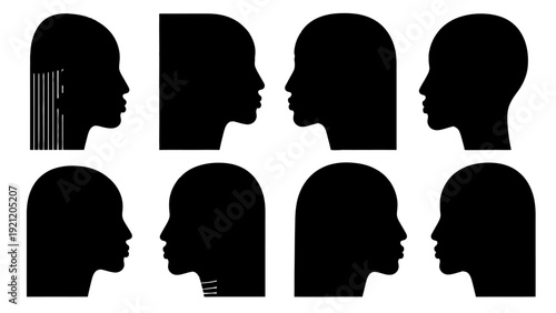 minimalist black human head silhouettes in profile representing diverse identities and communication for conceptual design projects.