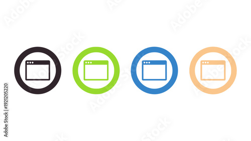 minimalist browser window icons in colorful circles on white illustrating digital technology user interface design and web development.