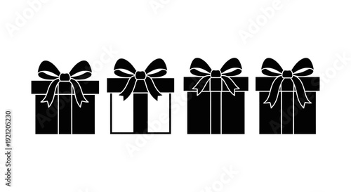 minimalist graphic of four black gift boxes one open with white ribbons on white for holiday sales surprise celebrations.
