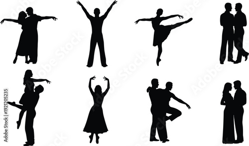 Couple dancing silhouettes set, romantic ballet and ballroom partners isolated on white background vector illustration collection
