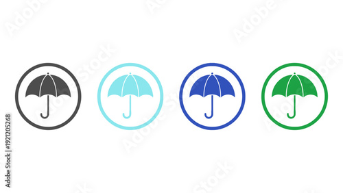 minimalist umbrella icons in multiple colors symbolizing rain protection and weather forecasts for digital application designs.