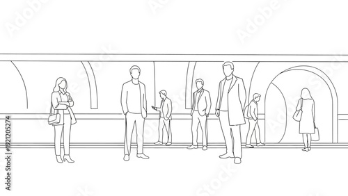 minimalist line art subway station with diverse commuters waiting on the platform illustrating urban public transit daily city travel.