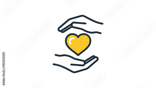 minimalist line art icon of two hands carefully holding a bright yellow heart symbolizing care protection and unconditional love.
