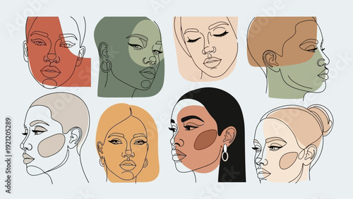 minimalist line art portraits depicting diverse womens faces with abstract organic color blocks celebrating female beauty and individuality.