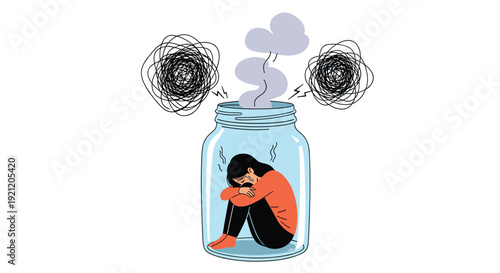 Conceptual illustration of a sad woman trapped inside a glass jar, symbolizing anxiety, depression, and mental health struggles.