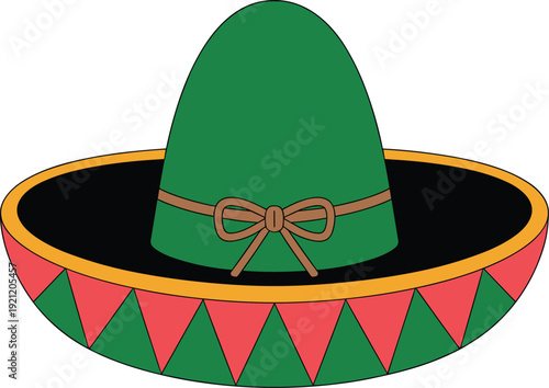 Green Mexican sombrero hat isolated on white background, traditional fiesta costume accessory vector illustration for cultural celebration and party design