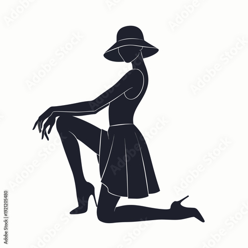 Stylish woman silhouette posing in sun hat skirt and heels fashion icon