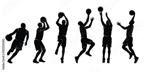 A group of silhouetted basketball players in various poses on a white background