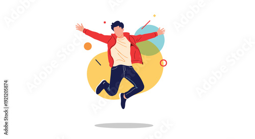 Energetic young man in a red jacket jumping with joy and excitement against a background of colorful abstract shapes, conveying happiness.