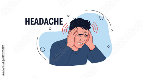 Vector illustration of a man suffering from a severe headache or migraine, holding his head in pain with pulsating red waves.