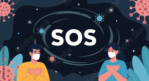 Man and woman in face masks with scared expressions and an SOS signal, representing a cry for help during the coronavirus pandemic.