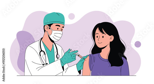 Doctor wearing a face mask gives a vaccine injection to a young woman's arm, illustrating immunization against covid-19 or flu.